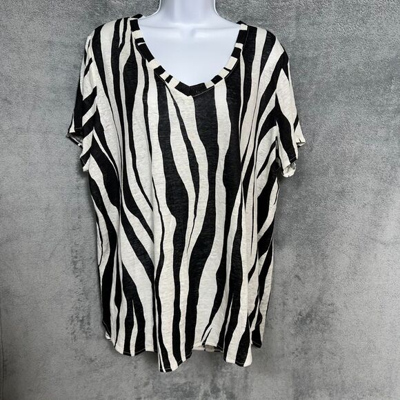 Rachel Zoe Women’s Linen Zebra Stripe Short Sleeve Top Black/White 1X - Picture 1 of 16